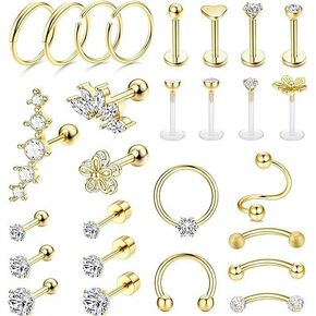 27Pcs 16G Cartilage Earrings Stud Hoop for Women Men Stainless Steel Helix Piercing Tragus Earrings Forward Conch Piercing Jewelry gold