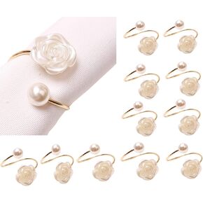 12Pcs Napkin Rings Pearl Napkin Holder Rose Napkin Buckles for Wedding Banquet Home Party Kitchen Decor Festival Dinning Table Decor