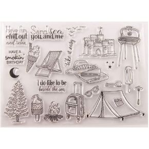 Arrietty Tent Beach Holiday Clear Stamps for Card Making or Journaling, Relax Vocation Icecream Rubber Stamps for Journals Scrapbooking Album Decoration