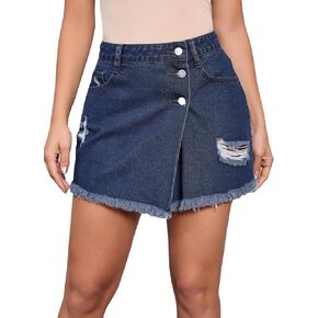 WDIRARA Women's High Waisted A-Line Button Wrap Denim Jean Skirt Mini Skirt
