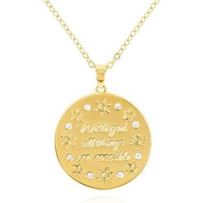 Gold Inspiration Words Pendant Necklace for Women Girls “With God All Things Are Possible" 14K Gold Plated Coin Necklace with Star Sun Cubic Zirconia Round Charm Necklace Inspirational Jewelry Gift