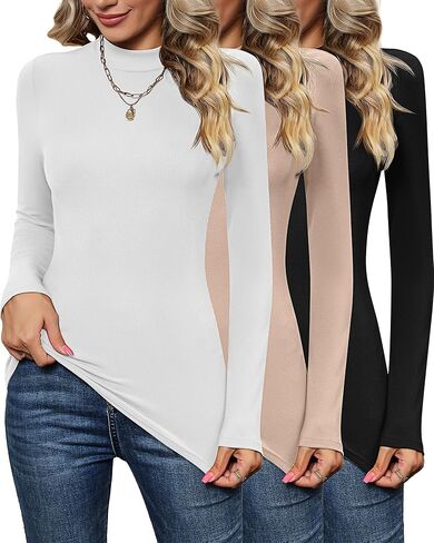 Xaatren 3 Pack Women's Mock Turtlenecks Shirts, Long Sleeve Slim Fitted Tank Tops Stretch Basic Lightweight Bustier Tee in Kuwait