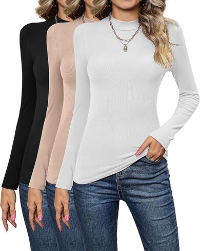 Xaatren 3 Pack Women's Mock Turtlenecks Shirts, Long Sleeve Slim Fitted Tank Tops Stretch Basic Lightweight Bustier Tee in Kuwait