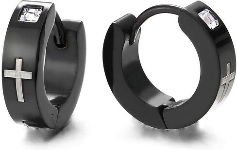 2pcs Mens Womens Steel Huggie Hinged Hoop Earrings with Cubic Zirconia and Black Enamel Cross… in Saudi Arabia
