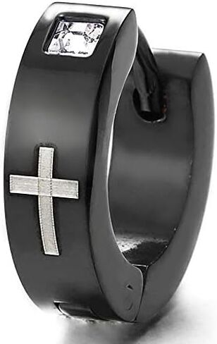 2pcs Mens Womens Steel Huggie Hinged Hoop Earrings with Cubic Zirconia and Black Enamel Cross… in Saudi Arabia