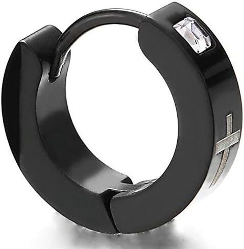 2pcs Mens Womens Steel Huggie Hinged Hoop Earrings with Cubic Zirconia and Black Enamel Cross… in Saudi Arabia