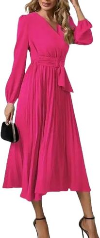 Sicilica Women's Dresses V Neck Wrap for Wedding Guest Casual Long Dress Pleated Long Sleeve Midi Dress Ruffle Smocked Dress in Saudi Arabia