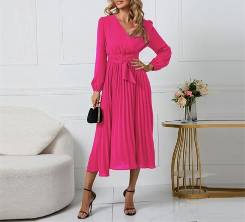 Sicilica Women's Dresses V Neck Wrap for Wedding Guest Casual Long Dress Pleated Long Sleeve Midi Dress Ruffle Smocked Dress in Saudi Arabia