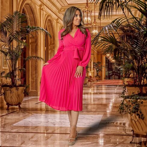 Sicilica Women's Dresses V Neck Wrap for Wedding Guest Casual Long Dress Pleated Long Sleeve Midi Dress Ruffle Smocked Dress in Saudi Arabia