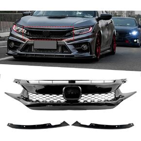 TYPE-R Style Front Hood Mesh Grill Grille Compatible For Honda Civic FK8 Glossy Black Front Grille 2016 2017 2018