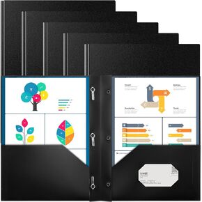 6 Pack Heavy Duty Black Plastic Folders, Two Pocket, 3 Prong, Letter Size, Minimalist Style