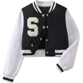 WDIRARA Girl's Letter Print Color Block Jacket Button Front Long Sleeve Varsity Jacket Outerwear