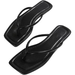 GORGLITTER Women's Minimalist Thong Flat Sandals Square Open Toe Slide Shoes Solid Flip Flops