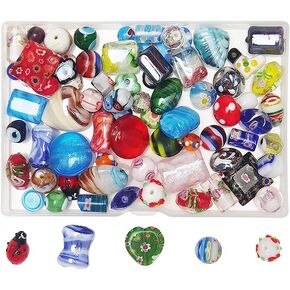 Chenkou Craft 50PCS Mix Glass Beads for Jewelry Making Adults, Big Small Bulk for Crafts Lampwork Murano Bead for Bracelets Necklaces Crafting Supplies +1pc Plastic Box (Mix, Mix)