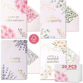 VNS Creations 20 Pack Floral Sympathy Cards with Envelopes, 4x6 in Assorted Watercolor Floral & Gold Foil Condolences Cards Pack, Bulk Boxed Set of Bereavement, Greeting, Thinking of You