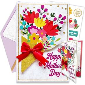 Decorably Glittery Mothers Day Card for Mom Set with Vibrant Flower Cutout & Ribbon, 5x8 Mother's Day Cards with Envelope & Stickers, Mother's Day Card with Printed Message, Mothers Day Card for Mom