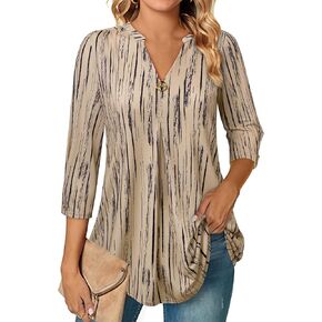 VALOLIA Womens Tops 3/4 Sleeve Shirts V Neck Blouses Dressy Casual Tunic Tops M-XXL