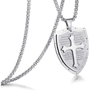Rehoboth Mens Stainless Steel Shield Armor of God Cross Pendant Necklace Bible Verse Ephesians 6:16-17 Chain 24" for Boy Men Black Silver