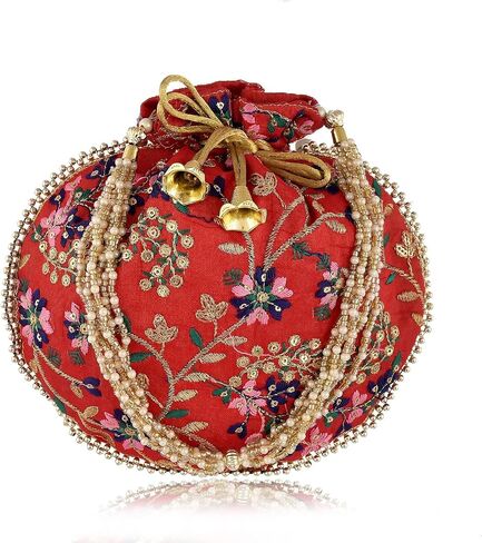Indian Handmade Flower Embroidered Multi Color Silk Potli Bag Clutch Purse Pouch Drawstring Bag For Women's Wedding Gift in Saudi Arabia