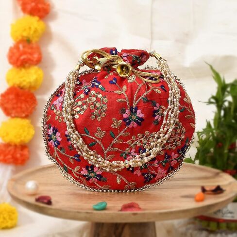 Indian Handmade Flower Embroidered Multi Color Silk Potli Bag Clutch Purse Pouch Drawstring Bag For Women's Wedding Gift in Saudi Arabia
