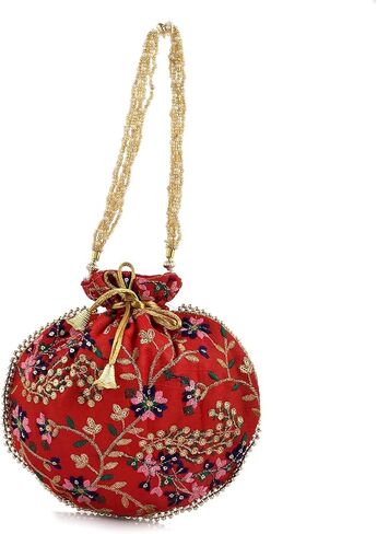 Indian Handmade Flower Embroidered Multi Color Silk Potli Bag Clutch Purse Pouch Drawstring Bag For Women's Wedding Gift in Saudi Arabia