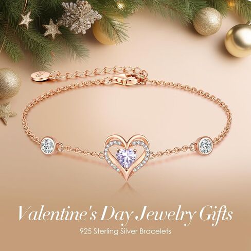CDE Love Heart Bracelets for Women Girls 925 Sterling Silver with Birthstone Zirconia, Valentine's Mother's Day Birthday Anniversary Charm Link Chain Bracelet Jewelry Gifts for Mom Wife Girlfriend Her in Kuwait