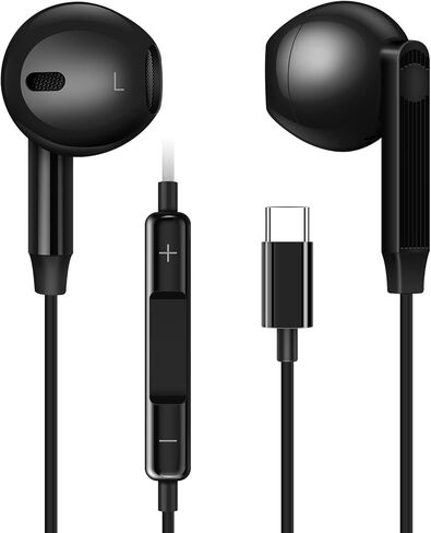 لسماعات الرأس USB C، سماعات الأذن السلكية من النوع C لهاتف iPhone 15 Plus/Pro Max، والميكروفون والتحكم في مستوى الصوت، عزل الضوضاء ستيريو هاي فاي متوافق مع سامسونج وجميع الأجهزة من النوع C أسود in Kuwait
