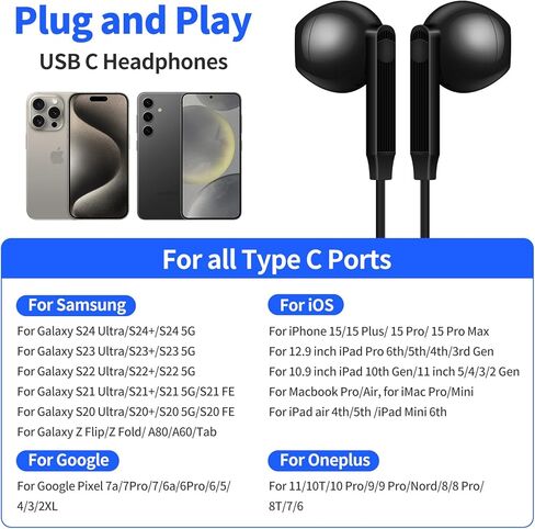 لسماعات الرأس USB C، سماعات الأذن السلكية من النوع C لهاتف iPhone 15 Plus/Pro Max، والميكروفون والتحكم في مستوى الصوت، عزل الضوضاء ستيريو هاي فاي متوافق مع سامسونج وجميع الأجهزة من النوع C أسود in Kuwait