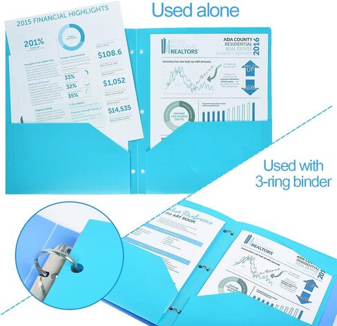 مجلدات جيب بلاستيكية شديدة التحمل مع 3 فتحات، ألوان متنوعة - 12 عبوة in Kuwait