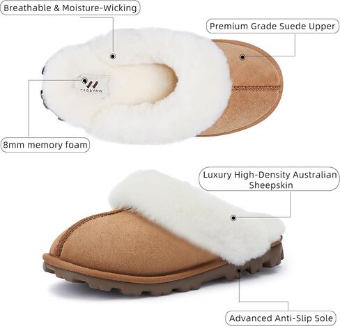 Women's Genuine Australian Sheepskin Slippers, 18mm Wool Pile, Memory Foam, Durable Anti-Slip EVA Sole in Saudi Arabia