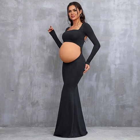 Bhome Maternity Photoshoot Dress Long Sleeve Sexy Cut-Out Backless Maternity Maxi Gown Photography Outfits in Kuwait
