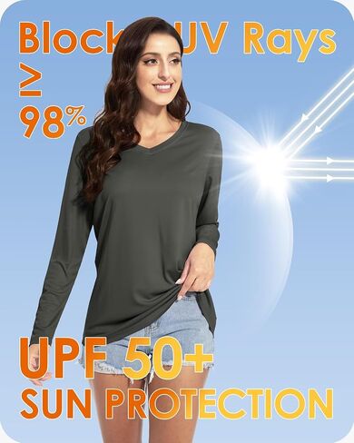 Boladeci Women's UPF 50+ Sun Shirts V Neck Long Sleeve Lightweight Quick Dry UV Protection Clothing Rash Guard Swim T-Shirts in Kuwait