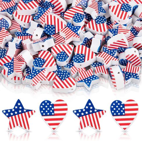 Whaline 100Pcs Independence Day Craft Beads with 10m / 32.8ft Hemp Rope Star Heart Shape White Red Blue Flag Farmhouse Wooden Spacer Bead for DIY Craft Handmade Home Decoration, 2 Designs in Saudi Arabia