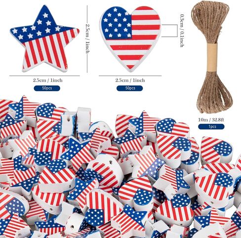 Whaline 100Pcs Independence Day Craft Beads with 10m / 32.8ft Hemp Rope Star Heart Shape White Red Blue Flag Farmhouse Wooden Spacer Bead for DIY Craft Handmade Home Decoration, 2 Designs in Saudi Arabia