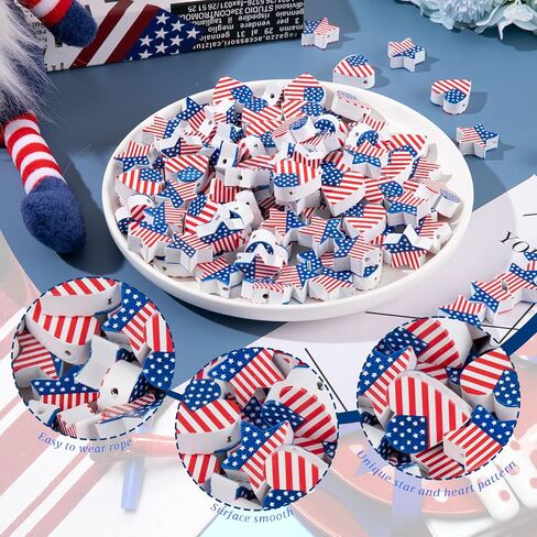 Whaline 100Pcs Independence Day Craft Beads with 10m / 32.8ft Hemp Rope Star Heart Shape White Red Blue Flag Farmhouse Wooden Spacer Bead for DIY Craft Handmade Home Decoration, 2 Designs in Saudi Arabia