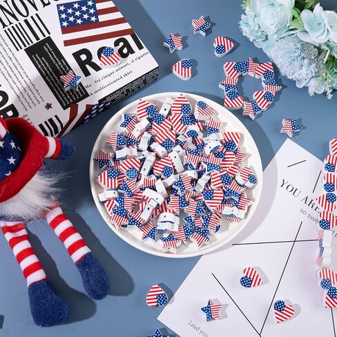 Whaline 100Pcs Independence Day Craft Beads with 10m / 32.8ft Hemp Rope Star Heart Shape White Red Blue Flag Farmhouse Wooden Spacer Bead for DIY Craft Handmade Home Decoration, 2 Designs in Saudi Arabia