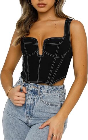 Deep V Neck Sleeveless Corset Corp Top Bustier Y2K Denim Zip Back Coconut Girl Cottagecore Aesthetic for Women in Kuwait