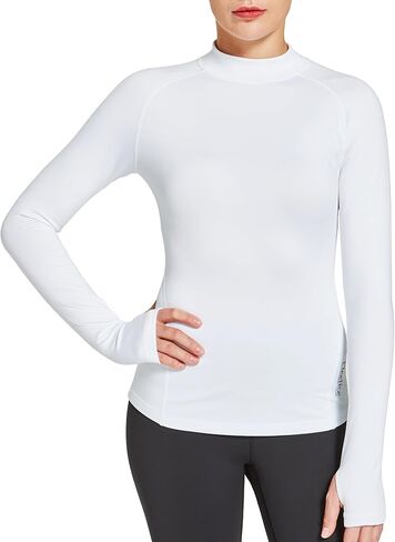 قميص نسائي نسائي مبطن بالصوف الحراري برقبة وهمية، قميص رياضي للجري بأكمام طويلة للشتاء مع فتحات إبهام in Kuwait