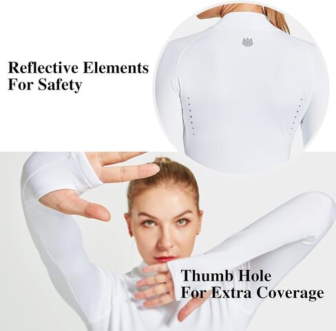 قميص نسائي نسائي مبطن بالصوف الحراري برقبة وهمية، قميص رياضي للجري بأكمام طويلة للشتاء مع فتحات إبهام in Kuwait