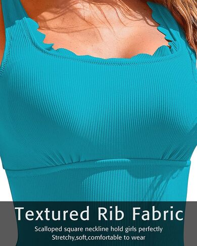Charmo Womens Scalloped Ribbed One Piece Swimsuits Retro Square Neck Modest Bathing Suits in Kuwait