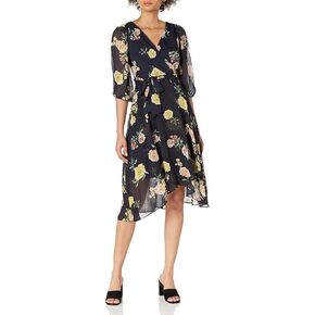 DKNY Women's 3/4th Sleeve Faux Wrap Dress