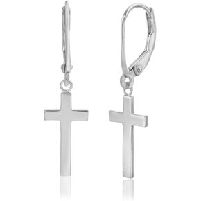 Sterling Silver High Polished Dangling Cross Earrings for Women with Leverback