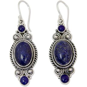 NOVICA Artisan Handmade Lapis Lazuli Dangle Earrings Ornate Sterling Silver with Blue India Snorkel Birthstone [2 in L x 0.6 in W x 0.3 in D] ' Johari Treasure'