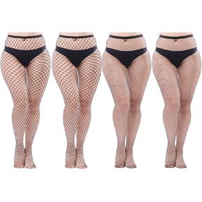 Aneco 4 Pairs Plus Size Fishnet Tight Cross Mesh Pantyhose Thigh High Stocking