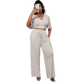 KEYUFANG 2 Piece Outfits for Women 90s Casual Boho Trendy Muse Shirt Wide Leg Pants Solid Daily Pleated Suit