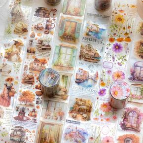 6 Rolls Floral Washi Tape Set PET Flower Tape Stickers for Journaling, Scrapbooking, Sunflower Rose Butterfly Decorative Tape for Crafts Scrapbook Supplies Junk Journal Wide Washi Tape (Butterfly)