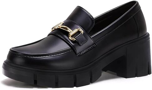 Coutgo Womens Chunky Platform Lug Sole Loafers Mid Heel Square Toe Dress Walking Work Shoes with Buckle Chain in Saudi Arabia