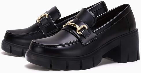 Coutgo Womens Chunky Platform Lug Sole Loafers Mid Heel Square Toe Dress Walking Work Shoes with Buckle Chain in Saudi Arabia