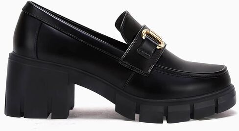 Coutgo Womens Chunky Platform Lug Sole Loafers Mid Heel Square Toe Dress Walking Work Shoes with Buckle Chain in Saudi Arabia
