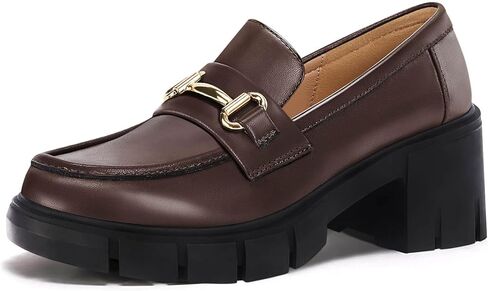 Coutgo Womens Chunky Platform Lug Sole Loafers Mid Heel Square Toe Dress Walking Work Shoes with Buckle Chain in Kuwait